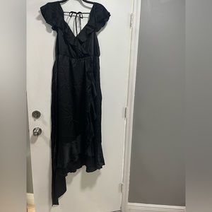 Black satin, Samantha Ruffle wrap dress